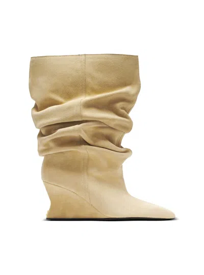 Balmain Draped Suede Wedge Ankle Boots In Brown