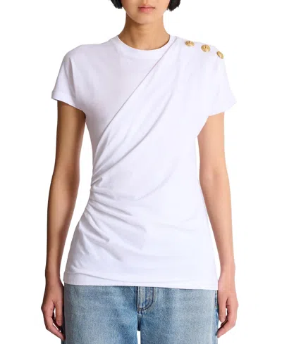 Balmain Cotton T-shirt With Button Detail And Draped Design In White