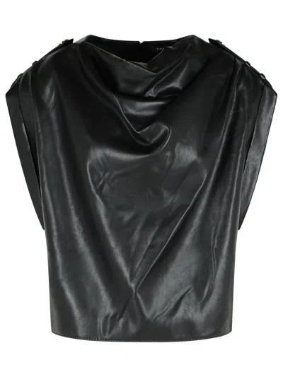 Balmain Cropped Eco-leather Draped Top In Black