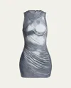 Balmain Draped Trompe Loeil Strass Metallic Mini Dress In Multi Gray