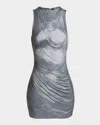 Balmain Draped Trompe Loeil Strass Metallic Mini Dress In Multi Gray