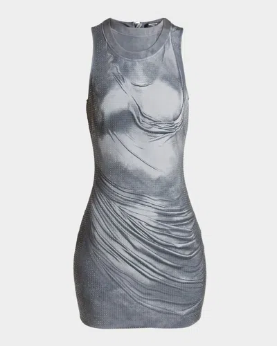 BALMAIN DRAPED TROMPE LOEIL STRASS METALLIC MINI DRESS