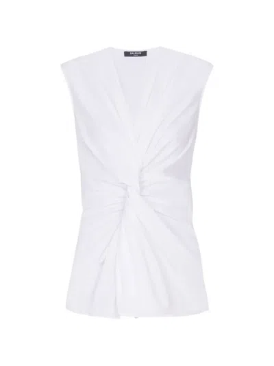 Balmain Draped V-neck Blouse In White