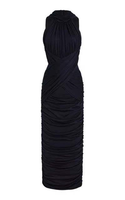Balmain Draped Wool-jersey Midi Dress In Blue