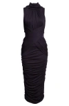 Balmain Draped Crisscross Jersey Halter Midi Dress In Blue