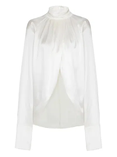 BALMAIN DRAPPED SILK BLOUSE SHIRT,GF1IL150SE95 0FA WHITE