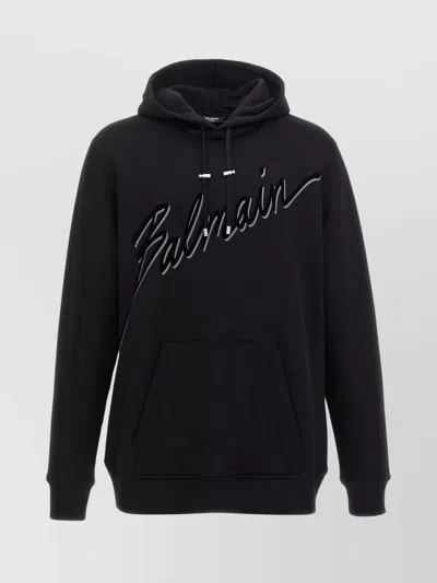 BALMAIN DRAWSTRING HOOD VELVET LOGO HOODIE
