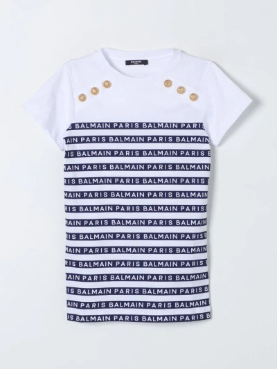 Balmain Kids' Striped Cotton T-shirt Dress In White