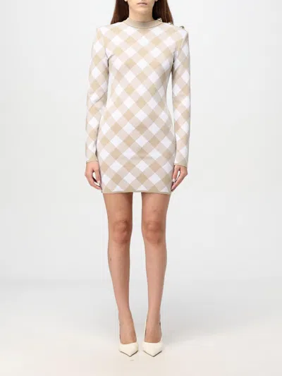 Balmain Checked Pattern Dress Gold-tone Buttons In Beige