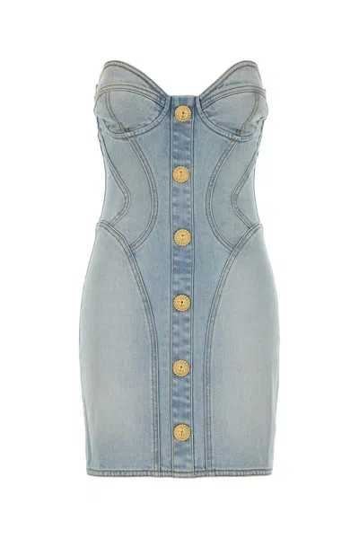 Balmain Strapless Mini Denim Dress In Bleujeanclair