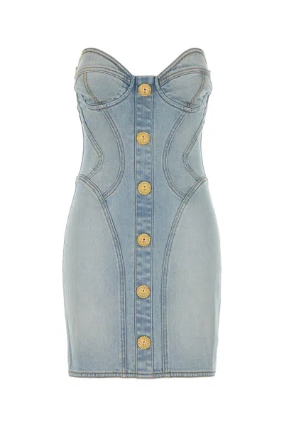 Balmain Strapless Mini Denim Dress In Bleujeanclair