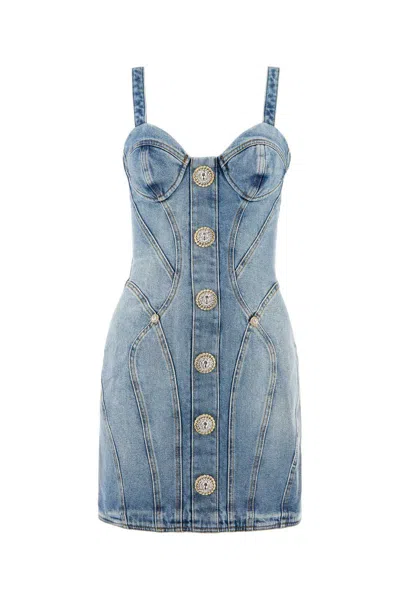 Balmain Buttoned Denim Short Dress In Blue