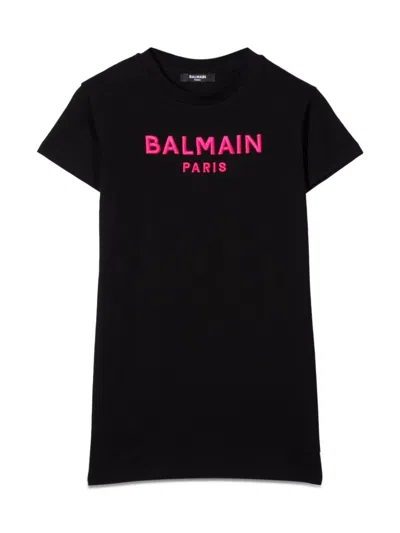 Balmain Kids' Logo印花t恤式连衣裙 In Black
