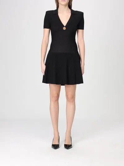 Balmain Button-embellished Ribbed Knit Mini Dress In Black