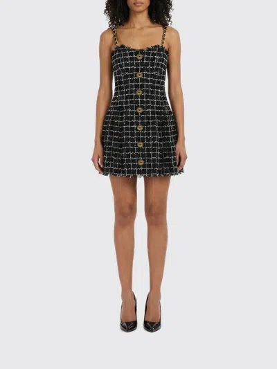 Balmain Buttoned Check Tweed Chain-strap Mini Dress In Black