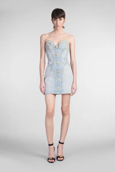 Balmain Strapless Mini Denim Dress In Bleujeanclair