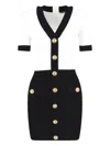 Balmain V-neck Buttoned Strong-shoulder Torsade Knit Mini Dress