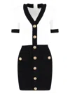 Balmain V-neck Buttoned Strong-shoulder Torsade Knit Mini Dress In Black