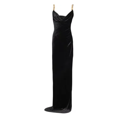 Balmain Button Cowl-neck Velvet Slit Maxi Dress In Black