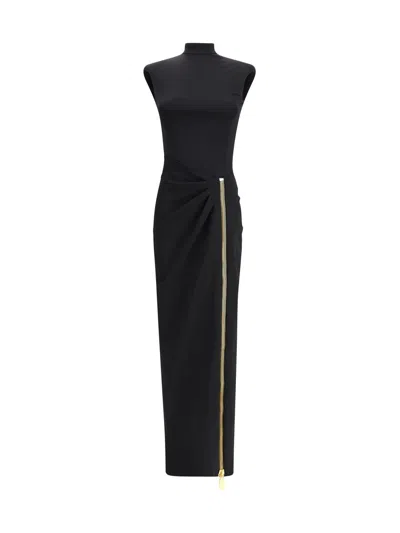 Balmain Women Long Jersey Dress With Slit In Black