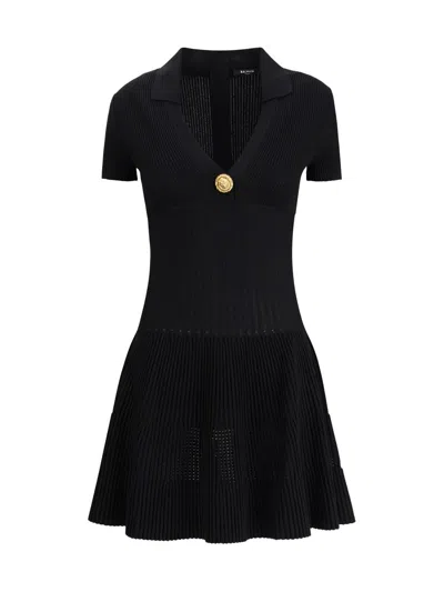 Balmain Button-embellished Ribbed Knit Mini Dress In Black