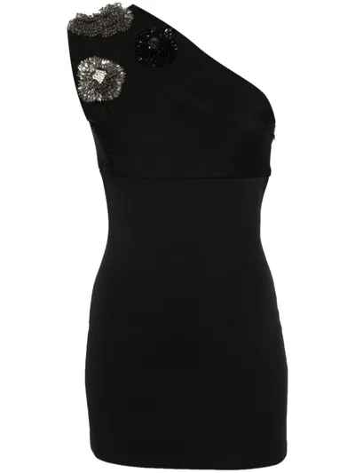 Balmain Crystal Flower Embroidered One-shoulder Mini Dress In Black