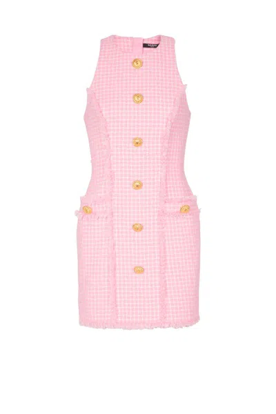 Balmain Vichy Tweed Sleeveless Mini Dress In Pink