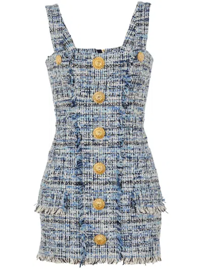 Balmain Blue Dress With Frayed Details In Tweed Woman