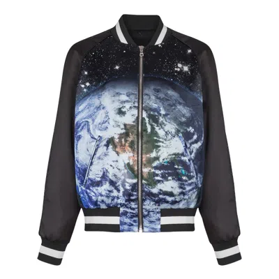 Balmain Earth Stars Print Zipped Varsity Bomber Jacket In Black