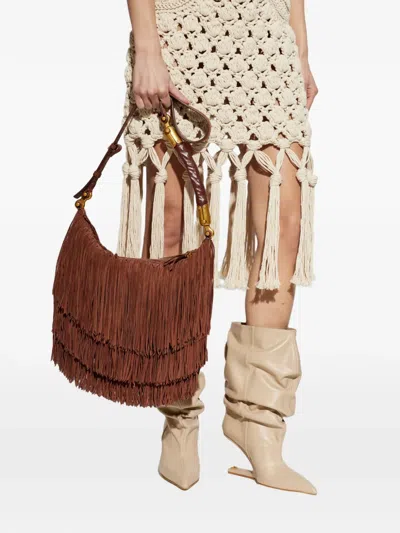 Balmain Ébène Fringed Leather Shoulder Bag In Brown