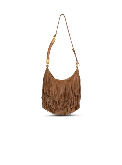 Balmain Ébène Hobo Fringed Suede Bag In Brown