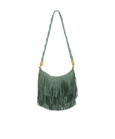 Balmain Ébène Hobo Fringed Suede Bag In Green