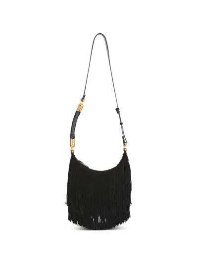 Balmain Ebene Hobo Fringed Suede Shoulder Bag In Black