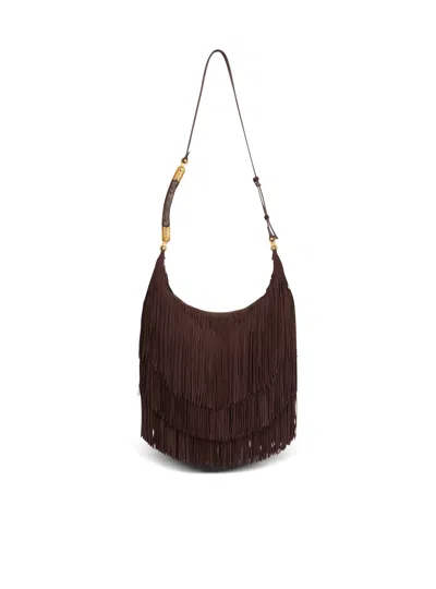 Balmain Ébène Hobo Large Fringed Suede Bag In Brown