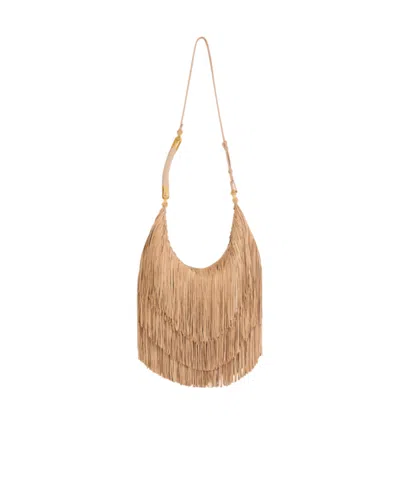 Balmain Ébène Hobo Large Fringed Suede Bag In Sand