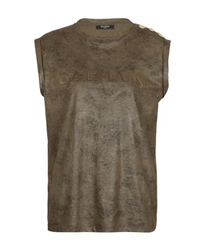 Balmain Eco-responsible Cotton T-shirt With  Logo Print In Green