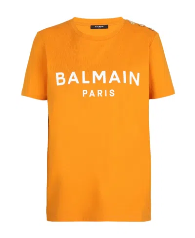 Balmain Eco-responsible Cotton T-shirt With  Logo Print In Orange