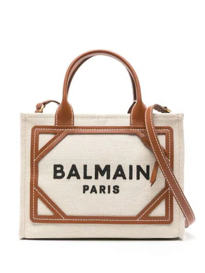 Balmain Ecru/camel Brown Canvas Handbag With Adjustable Strap And Logo Motif In Beige