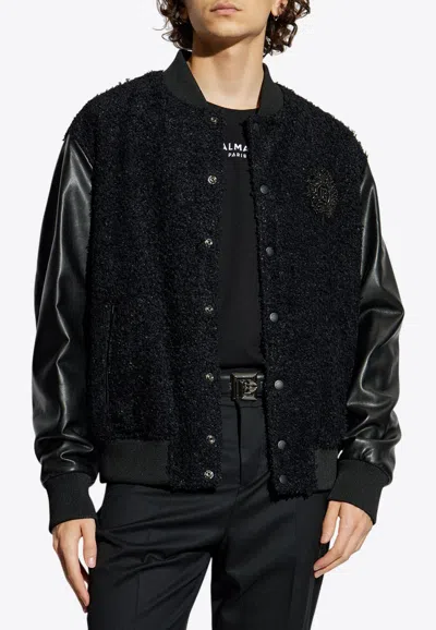 Balmain Écusson Embroidered Varsity Bomber Jacket In Black