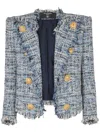 Balmain Spencer Button-embellished Frayed Cotton-blend Tweed Blazer In Blue