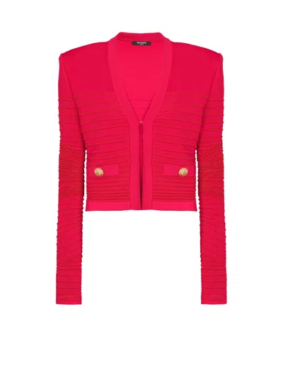 Balmain Edge To Edge Knit Cardigan In Red