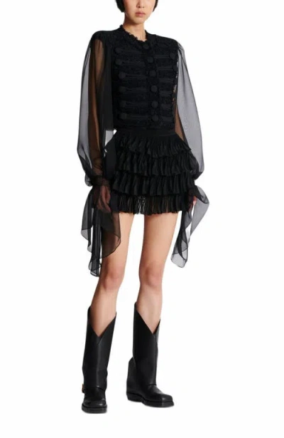 Balmain Edge-to-edge Tweed And Chiffon Jacket In Black