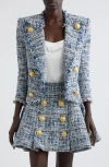 Balmain Spencer Button-embellished Frayed Cotton-blend Tweed Blazer In Light Blue