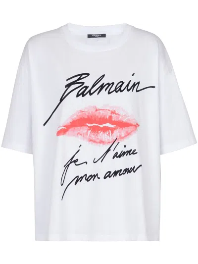 BALMAIN SS BALMAIN KISS PRINT T-SHIRT,EF1EG110GE45 GQV WHITE BLACK RED