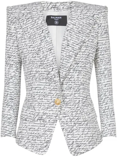 BALMAIN 1 BTN LOVE LETTER PRINT TAILORED JACKET,EF1SE615VH44 GAB WHITE BLACK