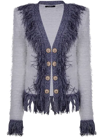 BALMAIN COLLARLESS GLITTERED FRINGED TWEED JKT,EF1SK049KH97 GEH WHITE BLUE JEANS