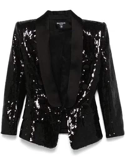 BALMAIN V-NECK GLITTER SATIN TAILORED JKT,EF1SM490MG12 0PA BLACK