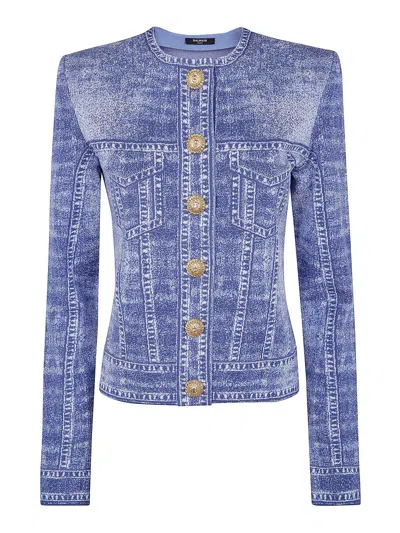 Balmain Effect Denim Cardigan In Blue