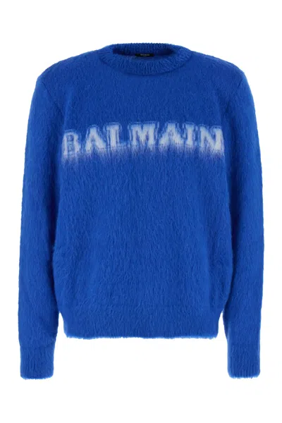 Balmain Electric Blue Wool Blend Sweater In Animal Print