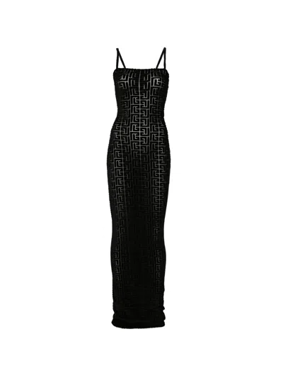 Balmain Elegant Long Dress With Velvet Monogram And Thin Shoulder Straps In Black